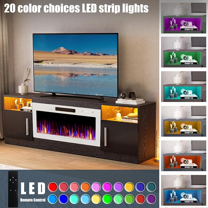 VITESSE TV Stand Fireplace with 36" inch Electric Fireplace Up to 80" TVs, LED Light Entertainment Center, 70" Modern Wood High Gloss with Highlight Storage Cabinet for Living Room (Black)