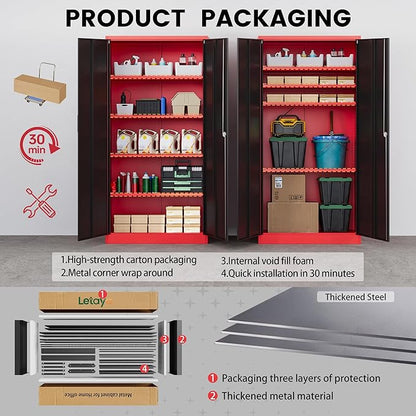 Letaya Metal Storage Cabinets with Lock, 72" Tall Locker Organizer Steel Cabinets, Adjustable Layers Shelves 2 Doors for Home, Office, Warehouse,Garage(Black Red)