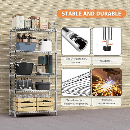 MZG 1750 lbs 5 Tier Storage Rack Metal Wire Shelving Unit, Storage Standing Household Shelf Organizer for Kitchen Pantry Closet Garage Basement Utility Room, Chrome 15.7" D x 45.3" W x 70.4" H