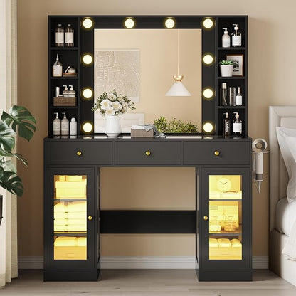 Makeup Vanity Desk with Mirror and Lights, Glass Top Vanity Table Set with Drawers & Power Outlet, Large Dressing Table with 3 Color Lighting Modes & RGB Cabinets for Women Girls Kids Bedroom, Black