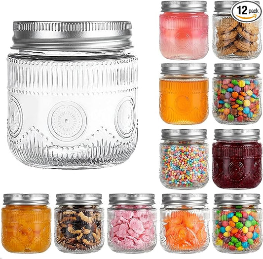 Amzcku 8 oz Vintage Mason Jars with Lids, Regular Mouth Canning Jar, Safe For Storage, Canning, Pickling, Preserving, Fermenting, DIY Crafts & Decor 12 Pack