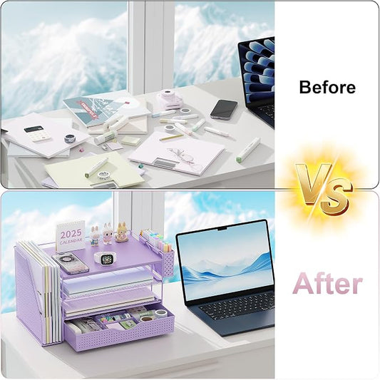 gianotter Wood Desk Organizers and Accessories with File Holder, 4-Tier Desk Accessories & Workspace Organizers with Drawer and Pen Holder, Desk Reference Organizer (Purple, 4T with Drawer)