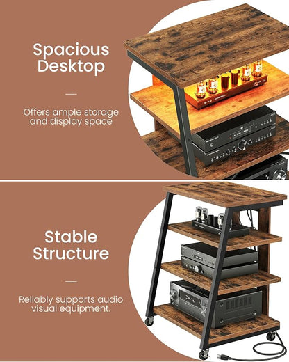 CHOEZON 4-Tier AV Media Stand with Wheels, Stereo Stands, Media Console Shelf with Power Strips, LED Lights, Wooden Audio Cabinet Rack Tower, Rustic Brown and Black TCJ60UDBF