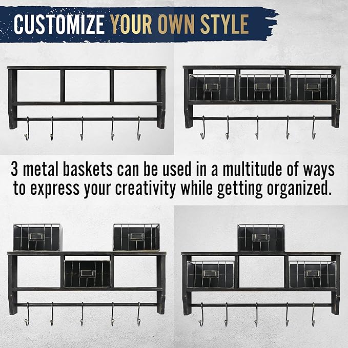 HBCY Creations Wall Mounted Shelf with Coat Hooks and Baskets, Solid Wood Entryway Organizer Wall Shelf with Hooks - Hang Coats, Keys, Rustic Blackwash 24" Wide