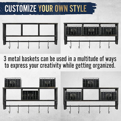 HBCY Creations Wall Mounted Shelf with Coat Hooks and Baskets, Solid Wood Entryway Organizer Wall Shelf with Hooks - Hang Coats, Keys, Rustic Blackwash 24" Wide