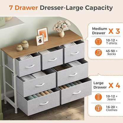 Sweetcrispy 7 Drawer Dresser with Fabric Bins, Fabric Storage Tower Organizer for Bedroom, Closet, Hallway, Entryway, Tall Chest of Drawers with Steel Frame, Wood Top, Light Grey
