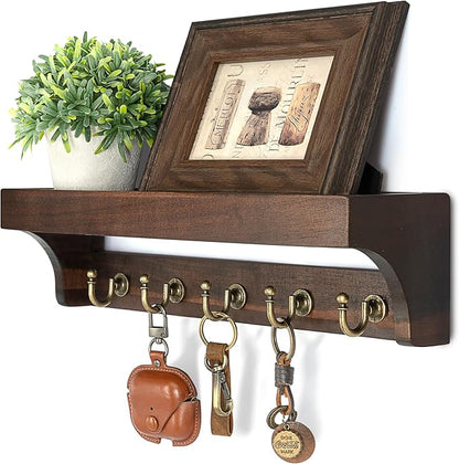 Rebee Vision Acacia Wood Key Holder Wall Mount for Room Decor – Rustic Key Holder for Wall with Shelf for Displaying Plants – Stylish Entryway Organizer for Apartment (Dark Acacia)