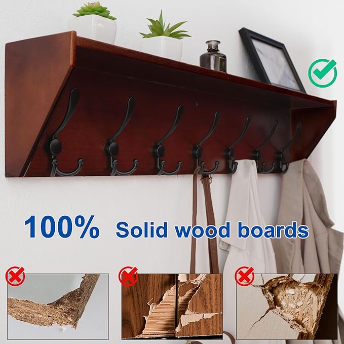 WEBI Coat Rack Wall Mount with Shelf,35" Long Wall Shelf with Hooks Underneath,7 Triple Hooks for Entryway,Hallway,Bedroom,Cherry