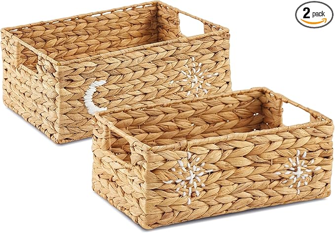 Greenatural Water Hyacinth Storage Baskets Set of 2, Handwoven Rectangular Organizer Trays with Handles, Wicker Bins with Hand Embroidered Patterns for Shelf, Bathroom, Kitchen, Office, Natural Decor