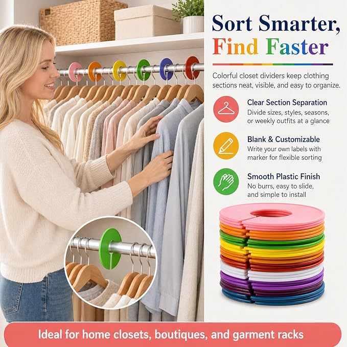Closet Dividers Clothes Organizers - Sukh Closet Organizers Plastic Clothes Size Dividers Labels Separators for Garment Organizer Boutique Hanger Clothing Rack No Burrs 10 Assorted Colors (40)