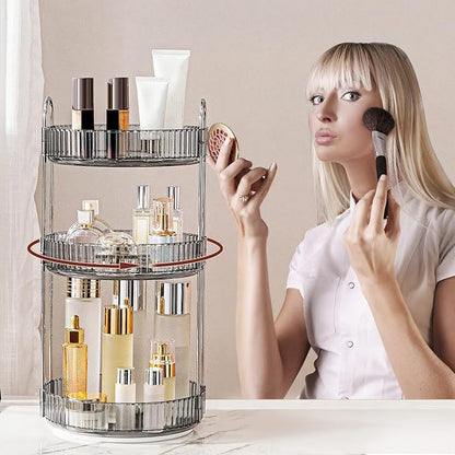 INVSSENE 360° Rotating Makeup Organizer, Bathroom Make Up Spinning Holder Rack, Large Capacity Cosmetics Storage Vanity Shelf Countertop, Fits Cosmetics, Perfume, Skincare, Lipsticks(3 Tiers, Gray)