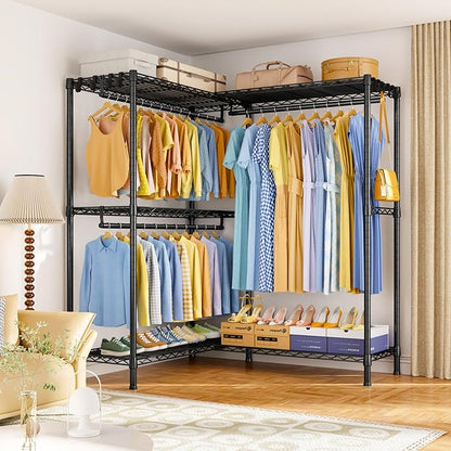 E15 Pro Garment Rack L Shaped Clothes Rack for Corner，Freestanding Clothing Racks for Hanging Clothes，Heavy Duty Closet System with 4 Hanging Rods & 8 S Hooks，48.8"W x 15.8"D x 78.4"H，Black