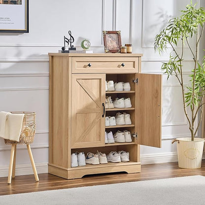 SOOWERY Shoe Cabinet with Drawer, Farmhouse Shoe Storage Cabinet with Doors, 5 Tiers Narrow Shoe Organizer for Entryway, Foyer, Hallway, Natural Oak