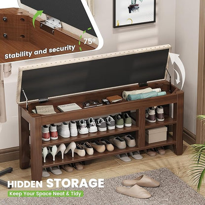 Shoe Bench for Entryway, Solid Rubberwood Shoe Bench with Hidden Storage, Adjustable 2-Tier Shelves & Soft PU Leather Seat, Shoe Rack Durable Easy Assembly for Hallway or Bedroom - Beige, 47.2"