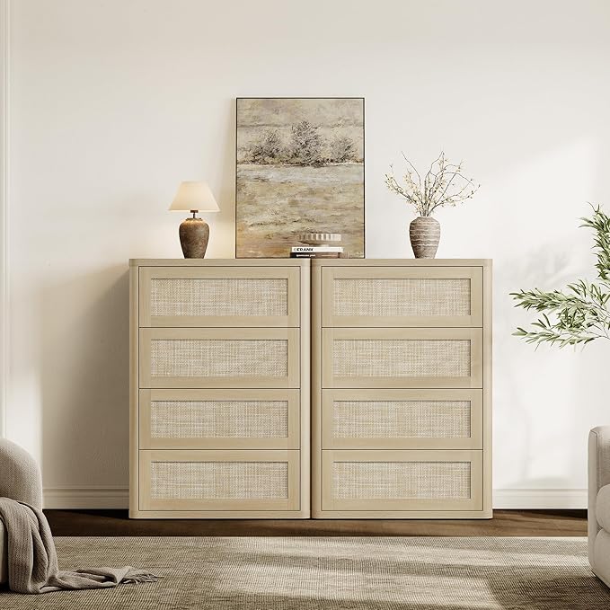SICOTAS 4 Drawer Dresser for Bedroom-40.59'' Tall Rattan Bedroom Dressers with Oversized Drawers, Boho Wooden Chest of Drawers, Push-to-Open Storage Dresser for Closet, Nursery, Sand Oak, 2PCS