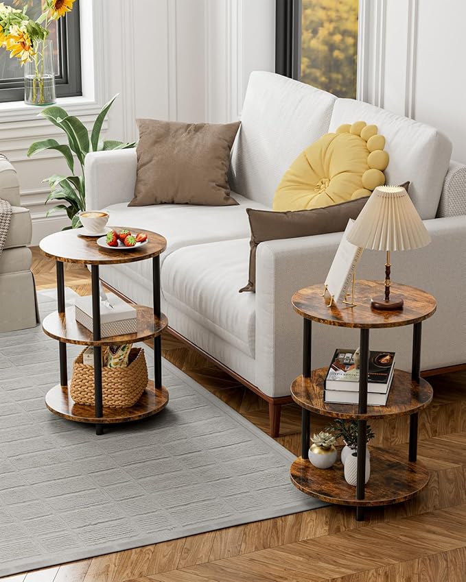 XBurmo Small Round Coffee Table - 3 Tier Design Accent Table, Narrow Side or Bedside Stand, Industrial Vintage Nightstand for Bedroom, Living Room, or Small Spaces, Rustic Brown