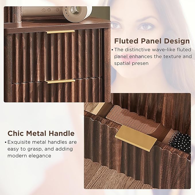 RedLemon 48" Fluted Vanity Desk with 36" Large HD Mirror and Lights, Modern Wood Glass Tabletop Makeup Table with Adjustable Storage Shelves, 5 Drawers, Charging Station for Bedroom, Dark Walnut