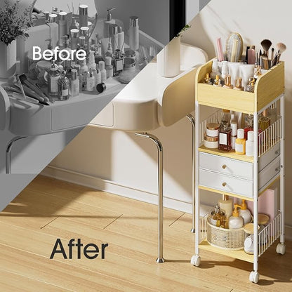 TidyStash Rolling Cart with Drawers 4-Tier Storage Cart with Large Drawers, Heavy-Duty Steel Frame and Wood Shelves Organizer for Makeup, Skincare Bathroom Kitchen Dorm Vanity Home Supplies