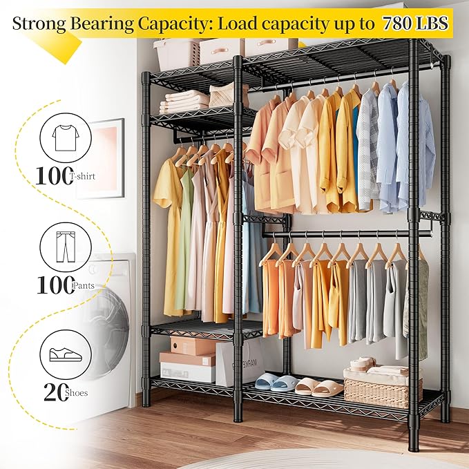 Raybee Clothes Rack Heavy Duty Loads 780LBS Clothing Racks for Hanging Clothes Adjustable Metal Portable Closet,45.5" W x 77" H x16.5 D Black