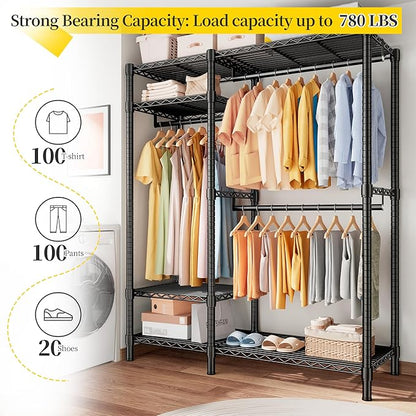 Raybee Clothes Rack Heavy Duty Loads 780LBS Clothing Racks for Hanging Clothes Adjustable Metal Portable Closet,45.5" W x 77" H x16.5 D Black