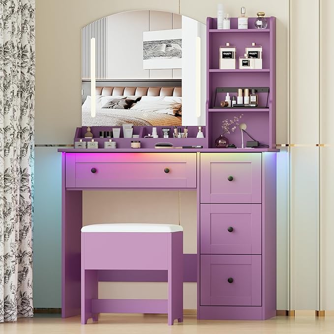 Vanity Desk with Mirror and Lights & Power Outlet, Makeup Vanity Set with Chair & RGB Ambient Light, Girls Vanity Dressing Table with 3 Lighting Modes & Adjustable Brightness for Bedroom, Purple