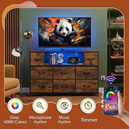WLIVE Dresser TV Stand for 45, 50, 55 inch TV, Entertainment Center with LED Lights & Charging Station, Chest of Drawers with 8 Fabric Drawers and Open Shelves for Living Room, Hallway, Rustic Brown