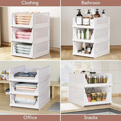 4 Pack Folding Closet Organizers Storage Box, Stackable Storage Bins, Plastic Drawer Basket Closet Storage for Wardrobe Cupboard Kitchen Bathroom Office White-4L