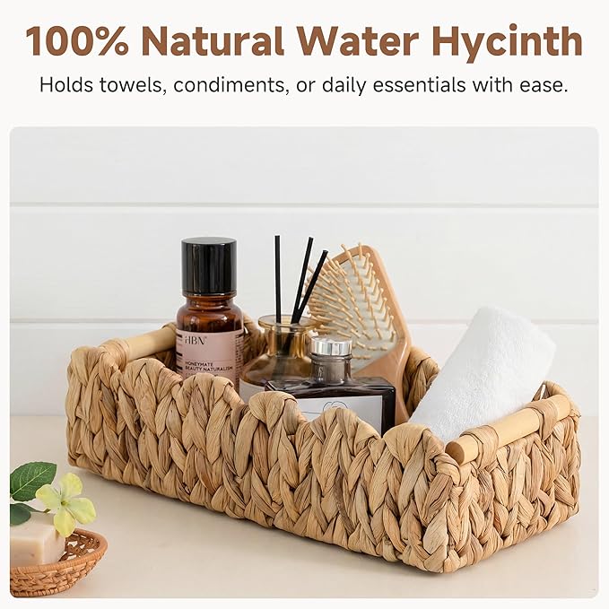 StorageWorks Toilet Paper Storage Basket, Living Room Organizers and Storage, Toilet Paper Basket with Wooden Handles, Small Water Hyacinth Scalloped Basket, Natural