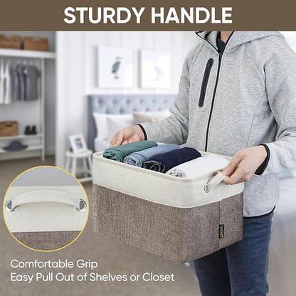 BALEINE 3 Pack Fabric Storage Bins for Shelves, Linen Storage Baskets for Organizing, Decorative Closet Bins for Clothes, Home (Brown, 15"x11"x9.5") ﻿