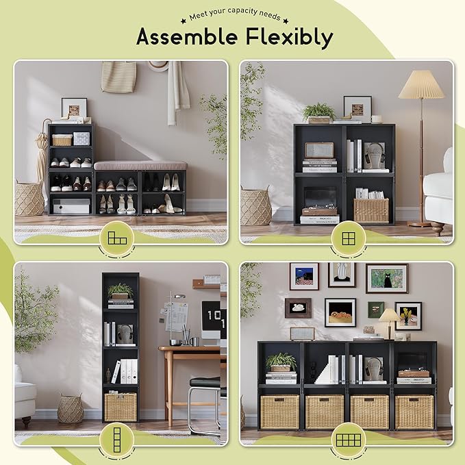 2 Cube Bookshelf Organizer, DIY Wooden Open Book Shelf with Anti-Tip Design, Cube Storage Shelf Organizer for Bedroom, Office, Dorm, Black
