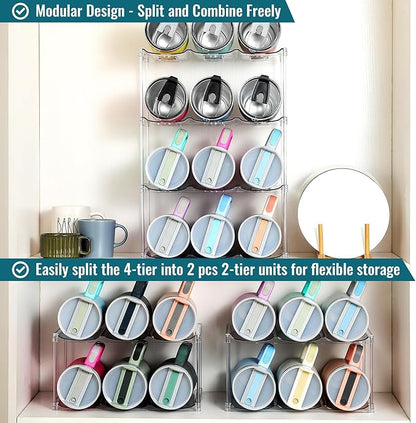 Design for Stanley 40 OZ & Large Bottles & Tumblers with Handle, Acrylic Water Bottle Organizer - Stackable Clear Wine Rack, Cup Holder for Home Kitchen Pantry Shelf Countertop Cabinet, 4 Tier Hold 12