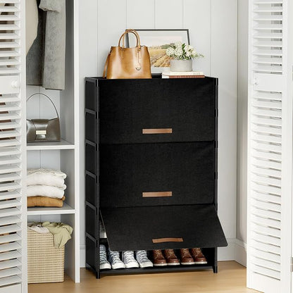 Shoe Rack, 7 Tier Shoe Storage Cabinet with Door 28 Pair Plastic Shoe Shelves Organizer for Closet, Entryway, Hallway, Bedroom, Black