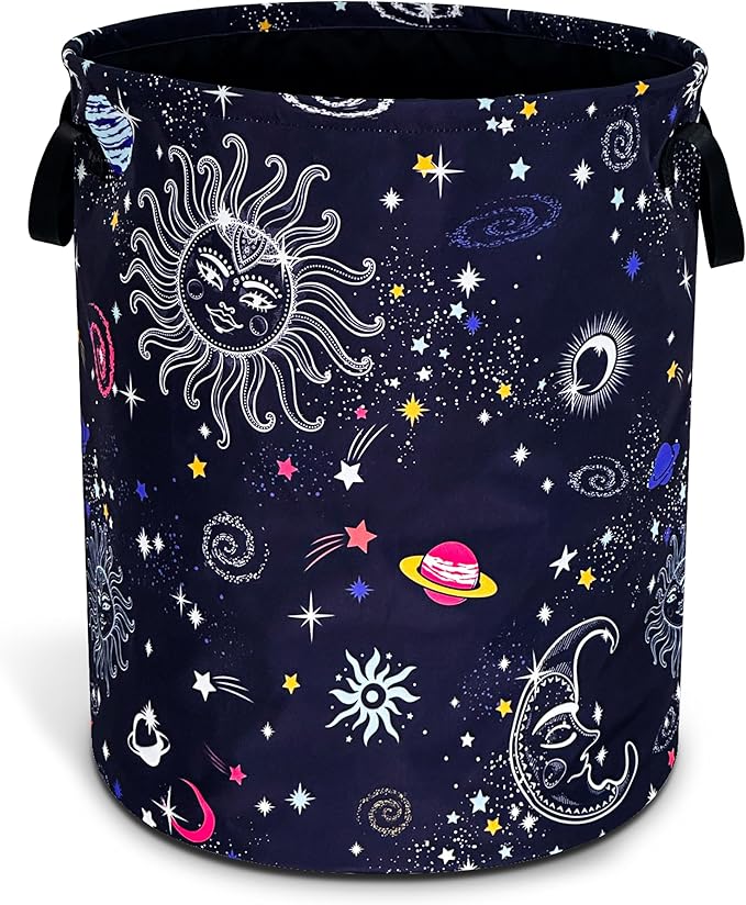 Sun Moon Galaxy Laundry Basket Funny Cosmic Foldable Waterproof Oxford Cloth Tote Bag Laundry Hamper Round Large Clothes Storage Bucket Toy Organizer For Bathroom/Laundry Storage/Bedroom 18.9x16.5 In