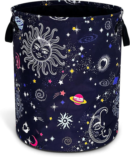 Sun Moon Galaxy Laundry Basket Funny Cosmic Foldable Waterproof Oxford Cloth Tote Bag Laundry Hamper Round Large Clothes Storage Bucket Toy Organizer For Bathroom/Laundry Storage/Bedroom 18.9x16.5 In