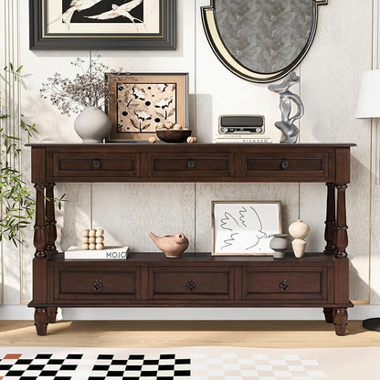 LKTART 54'' Solid Wood Console Table, Farmhouse Entryway Table with 6 Drawers and Shelf, Narrow Long Sofa Table with Storage for Living Room Hallway, Couch, Foyer (Espresso)
