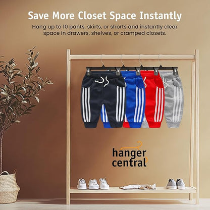 10 Inch 30 Pack Youth Pants Hangers Slim Plastic Clothes Hangers with Clips for Skirts, Shorts & Trousers Non Slip Grip, Heavy Duty Space Saver with Swivel Hook Black Organizer
