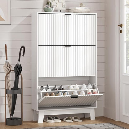 Shoe Cabinet Storage for Entryway with 3 Flip Drawers, Fluted Narrow Shoe Organizer with Wooden Legs, Freestanding Slim Shoe Storage Hidden Shoe Rack Organizer for Front Door Entrance, Hallway, White