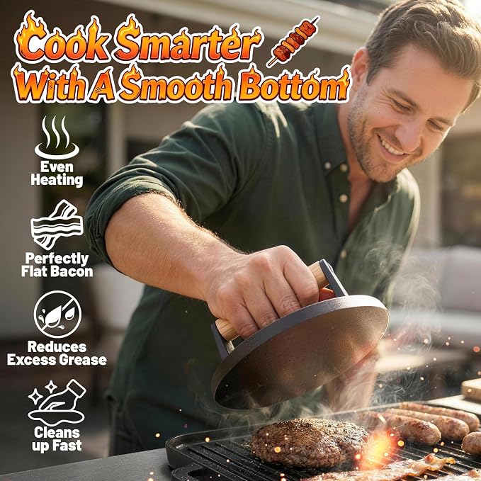 Smash Burger Press 6.5”, Includes 20 Pcs of Baking Paper, Cast Iron Flat Round Edge Grill/Bacon/Meat/Hamburger/Chef Press with Wood Handle, Hamburger Press Patty Maker for Griddle Accessories