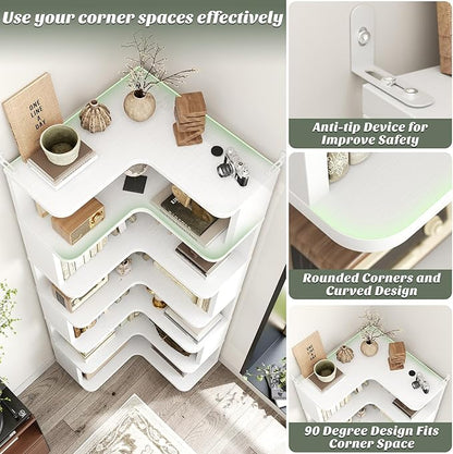 Armocity Corner Book Shelf - 7 Tier Corner Bookshelf Etagere Bookcase with Baffle, Freestanding L Shaped Display Shelf Stand for Home Office, Living Room, Bedroom, Kitchen, White