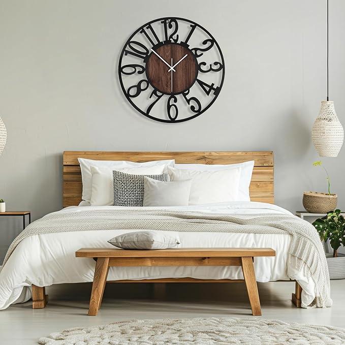 Maxstar Round Wall Clock for Living Room Decor Battery Operated Non Ticking Black Metal Wood Clocks for Home Living Room Garden Office Kitchen Decoration -16 inch