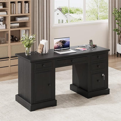 Vipbear 59" Executive Desk, Farmhouse Computer Desk with Drawers, Lockable File Drawer, Storage Cabinet & Power Outlet, Rustic Home Office Desks, Workspace for Work Study Writing, Black