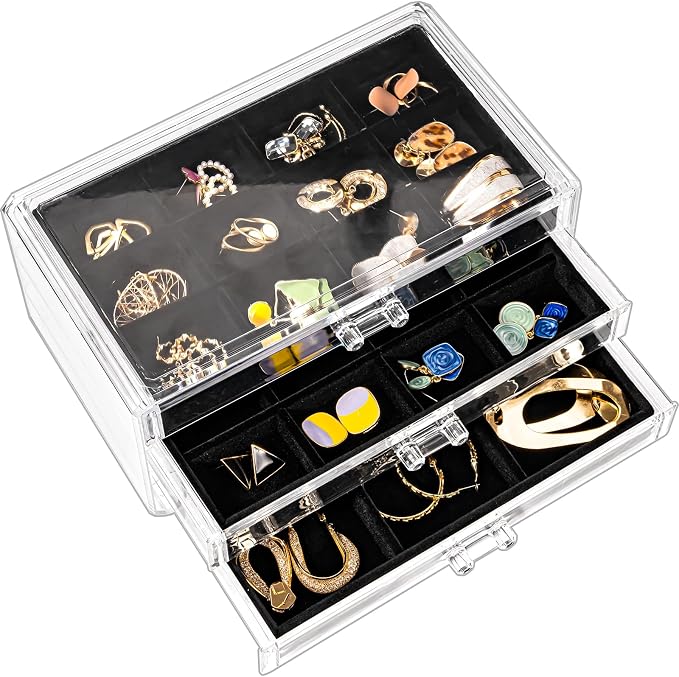 ProCase Earring Holder Organizer Jewelry Box with 3 Drawers, Acrylic Clear Earring Case with Adjustable Velvet Trays for Women - Black, 3 Layers