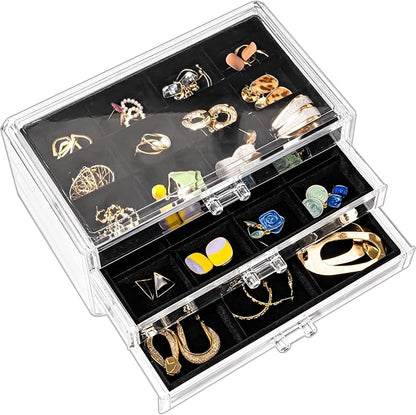 ProCase Earring Holder Organizer Jewelry Box with 3 Drawers, Acrylic Clear Earring Case with Adjustable Velvet Trays for Women - Black, 3 Layers