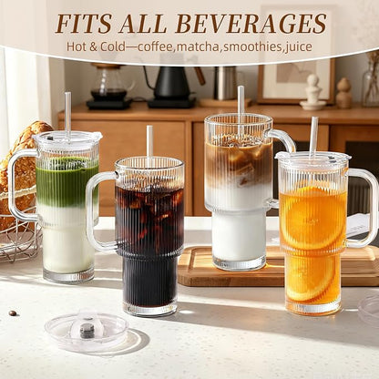 Iced Coffee Cups with Lids: Coffee Bar Accessories - Ribbed Glass Tumbler with Straw and Lid 4 Pack - 24oz Tumbler Leak Proof - Glass Cups and Tumblers with Lid and Straws - Coffee Tumbler with Handle