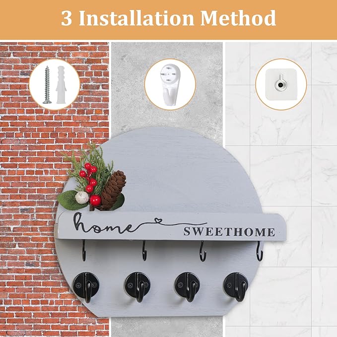 Key Holder for Wall, Key and Mail Holder Organizer - Key Holder Wall Mount with Bouquet Shelf and Key Hooks, Round Wooden Rustic Key Rack for Entryway and Home Decor (Gray)
