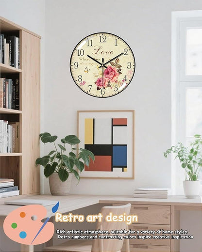 Decorative Wall Clocks Batterys Operated, Retro Wall Clock with Glass Dial, 12-Inch Dial with Roman Numerals, Silent and No Ticking, Suitable for Living Room, Bedroom, Dining Area, Workspace