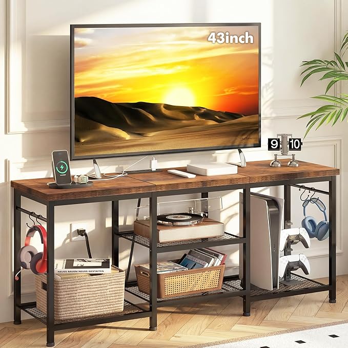 YGEOMER Entertainment Center for TVs Up to 50 Inch, TV Stand with Power Outlet and Open Storage Shelves, TV Media Console Table for Living Room and Bedroom, Rustic Brown