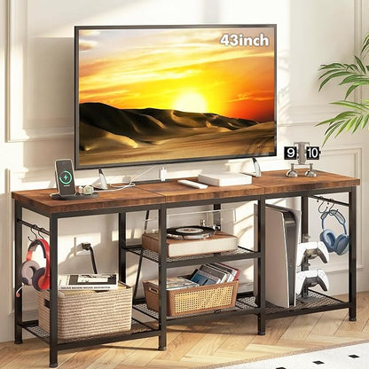 YGEOMER Entertainment Center for TVs Up to 50 Inch, TV Stand with Power Outlet and Open Storage Shelves, TV Media Console Table for Living Room and Bedroom, Rustic Brown