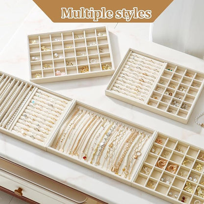 Large Velvet Jewelry Tray 2 Pack Stackable Jewelry Display Drawer Inserts Trays Organizer for Earring Bracelet Necklace Ring (Beige, 20 Hooks)