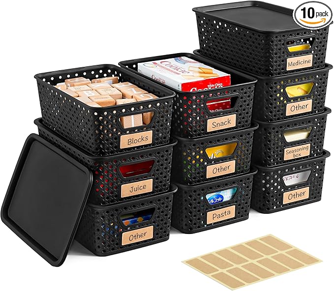 10 Pack Small Plastic Storage Bins with Lids, Stackable Plastic Storage Baskets for Organizing with Handles, Organizer Bins with Labels for Room, Craft, Containers for Pantry Organizers and Storage